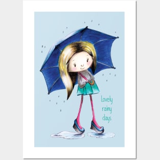 Cute girl in the rain with an umbrella Posters and Art